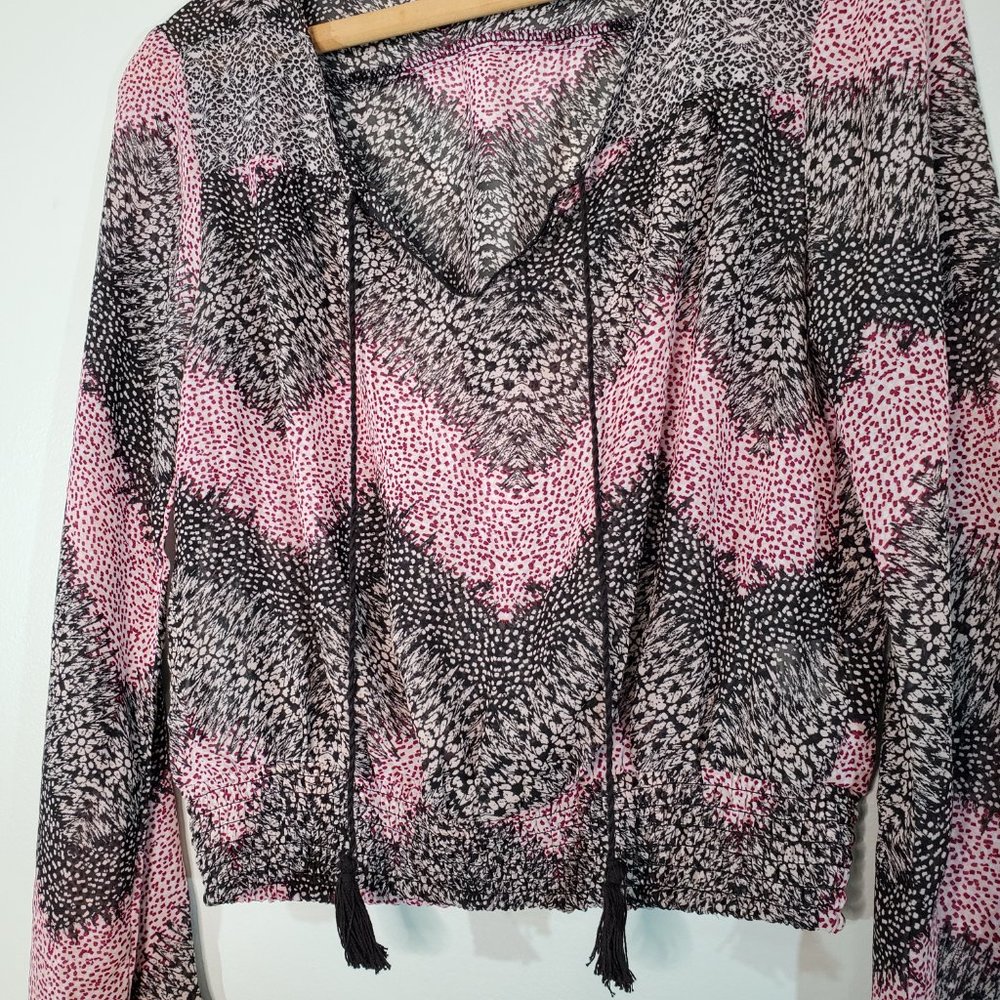 love, Fire Black and Pink Crop Top Dotted Print Long Sleeve Sheer Crop T… - Picture 2 of 8
